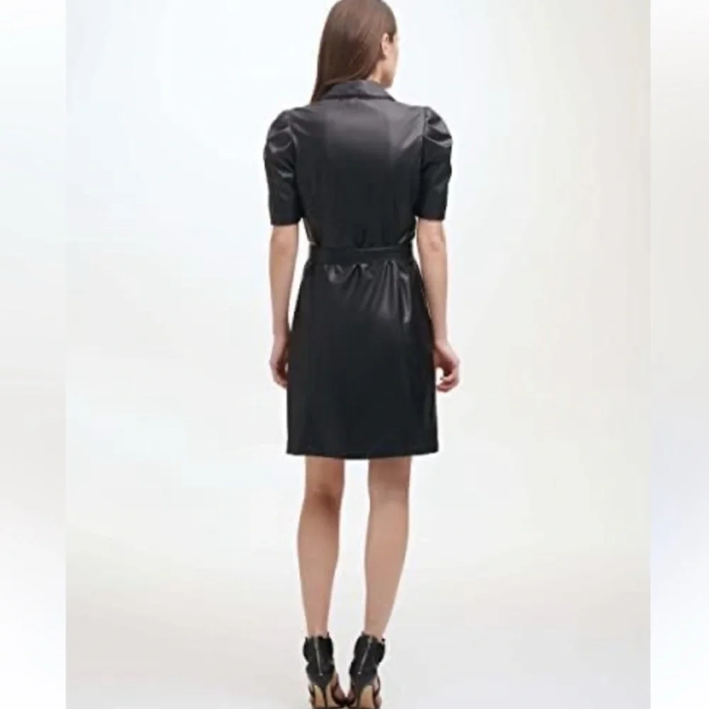 DKNY Short Puff Sleeve Faux Leather Button Down Dress. Size 8